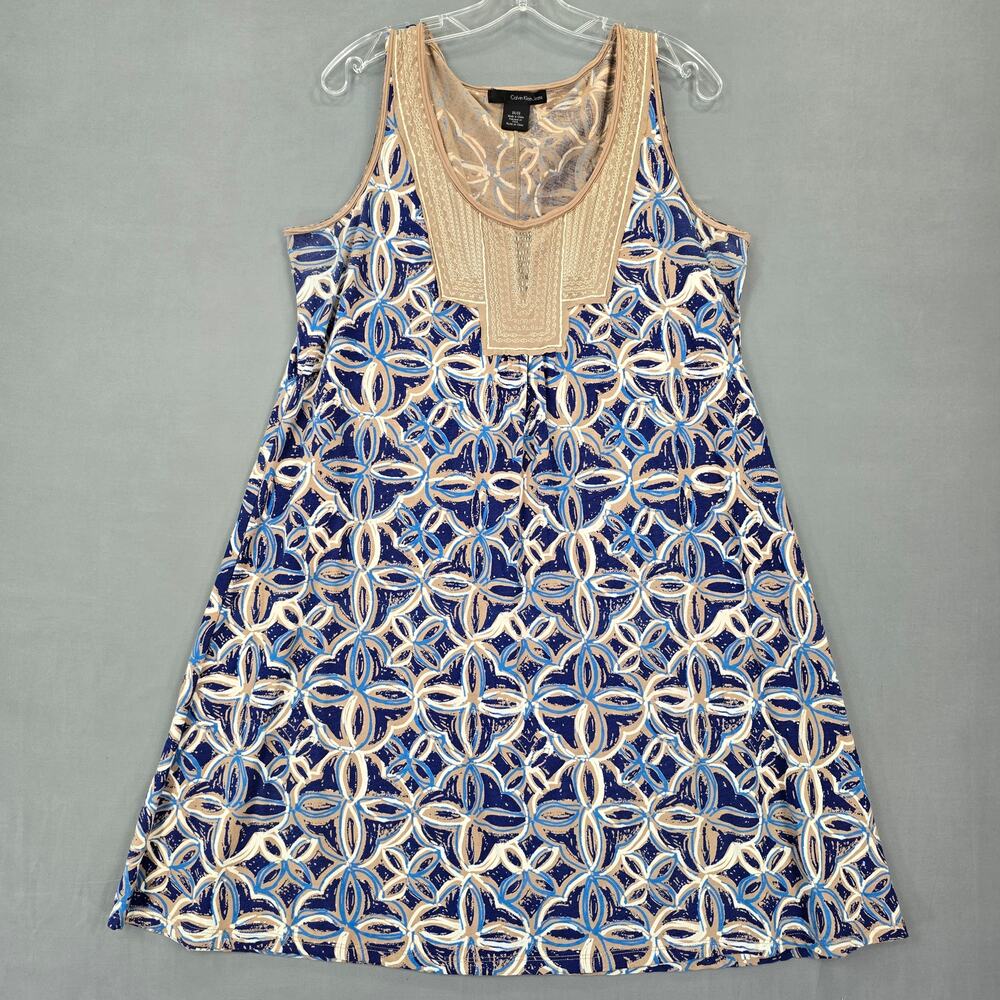 Calvin Klein Sleeveless Raw Hem Mini Dress Womens Plus Size 0X Blue Scoop Boho